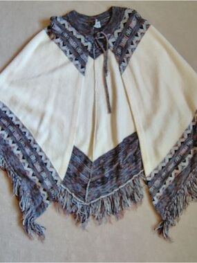 Vtg 70s Fringe Fair Isle Poncho Cape Women OS Cream Western Boho Hippie Festival
